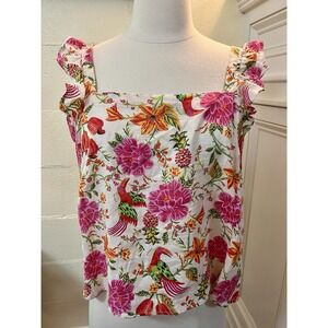 Rachel Zoe Linen Rayon Sleeveless Blouse Top‎ Size S Flower & Bird Boho Tropical
